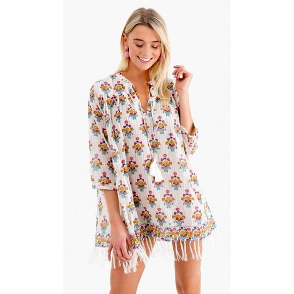 Roller Rabbit Size L Saley Serafina Fringed Cotton Tunic Tassel Metallic Threads - Picture 1 of 9